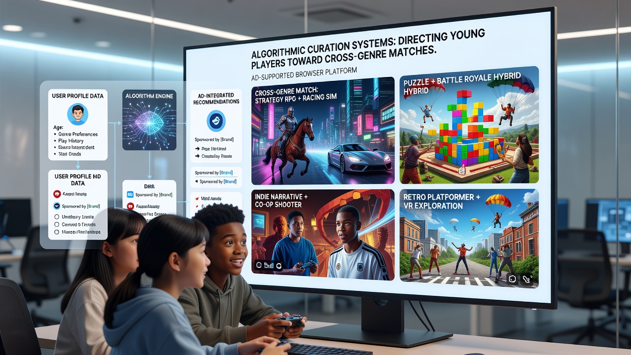 Screenshot of a browser interface displaying color-coded genre tags and filter options that guide young users into combined action-puzzle-strategy multiplayer sessions