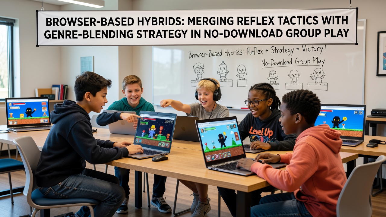 Children collaborating on a browser-based hybrid game that blends quick reflexes with strategic planning in a no-download group session