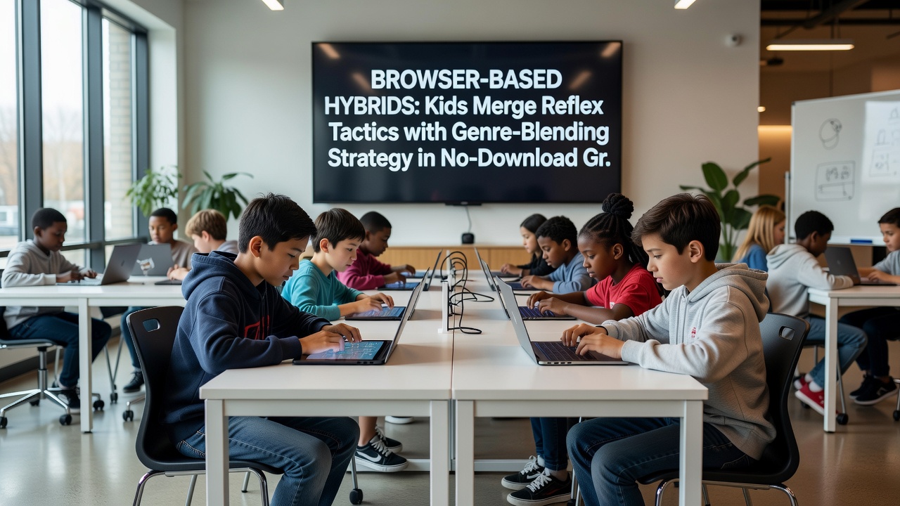 Group of young players engaged in browser multiplayer strategy with reflex challenges displayed on shared screens