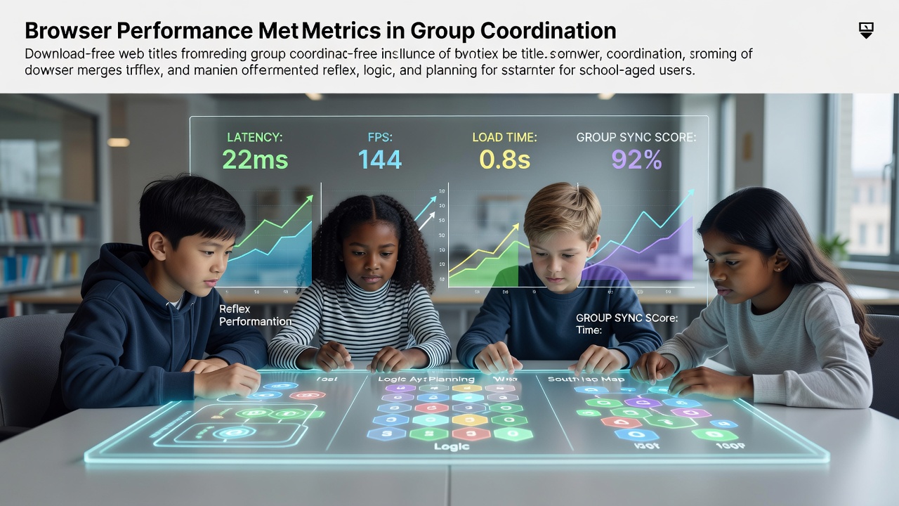 Browser performance metrics displayed alongside a group of school-aged users coordinating in a download-free web title that blends reflex actions with logic puzzles and strategic planning