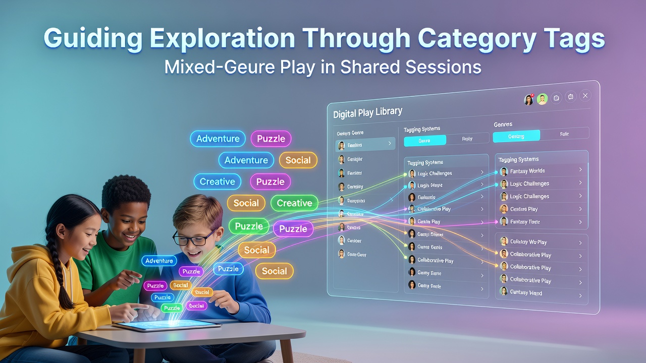 Screenshot of a digital play library interface showing category tags for action, puzzle, and strategy games used by children in shared web sessions