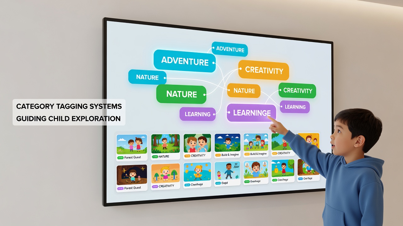 Children collaborating around a shared screen during a browser-based multiplayer session with visible category tags on the interface