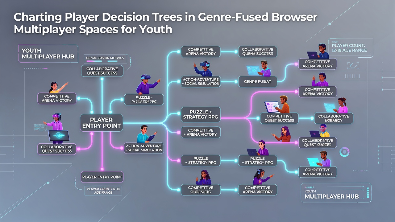 Diagram illustrating player decision trees in browser-based multiplayer games that combine action and strategy elements for young users
