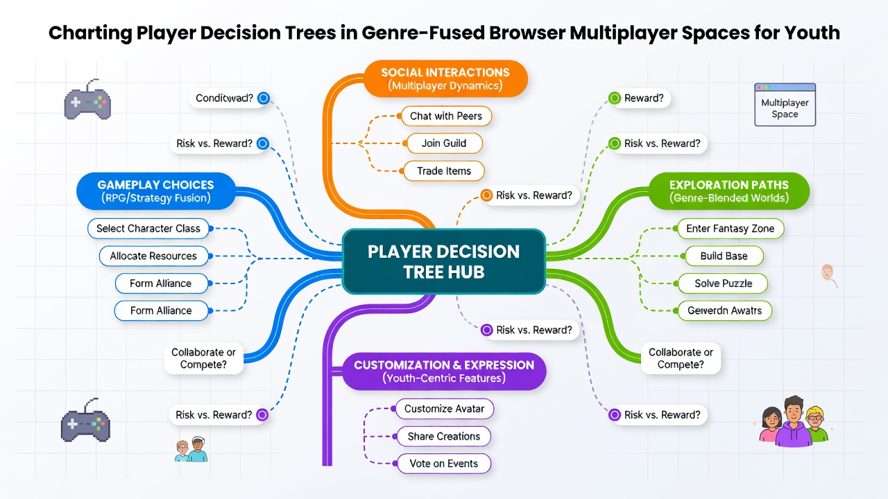 Screenshot example of a browser multiplayer interface showing blended action and puzzle mechanics with overlaid decision path indicators