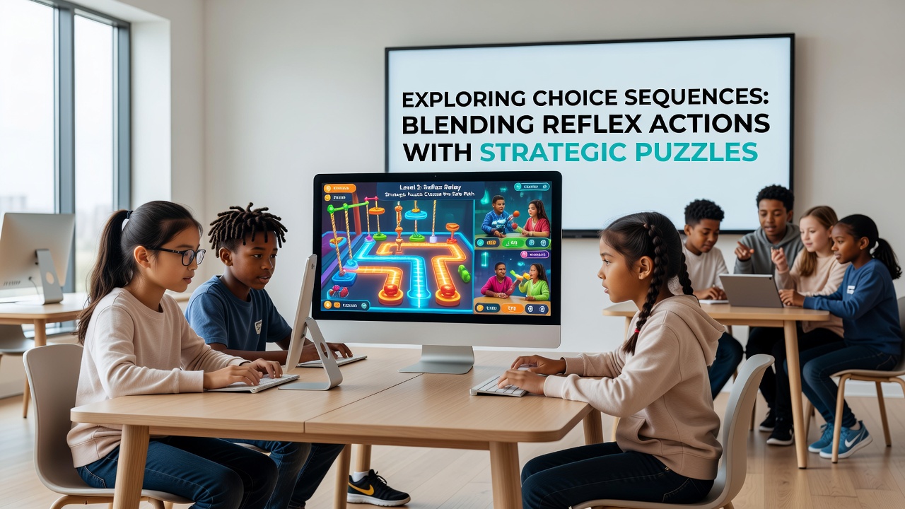 Children collaborating in a browser-based multiplayer game that mixes quick reflex moves with strategic puzzle elements on shared screens
