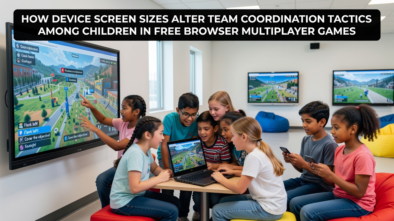 Group of kids collaborating on strategy in a browser game with visible resource grids and reflex action elements on varied screen sizes