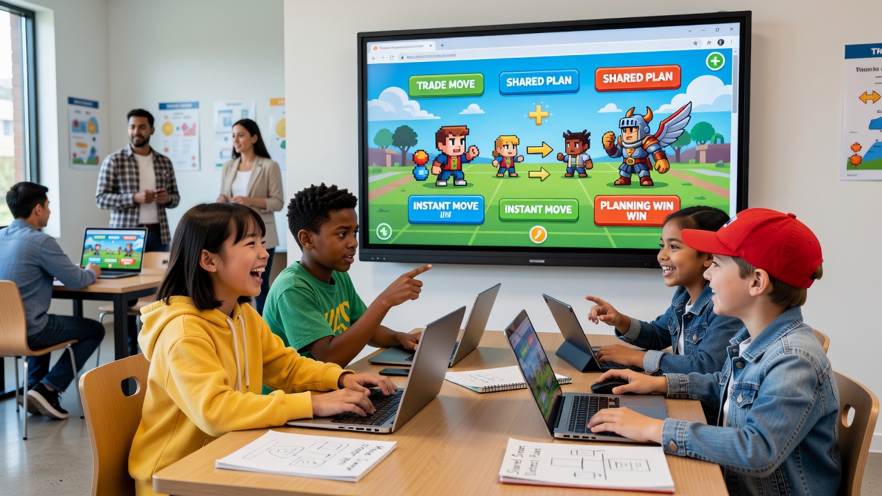 Group of kids reviewing shared strategy overlays during a browser multiplayer game