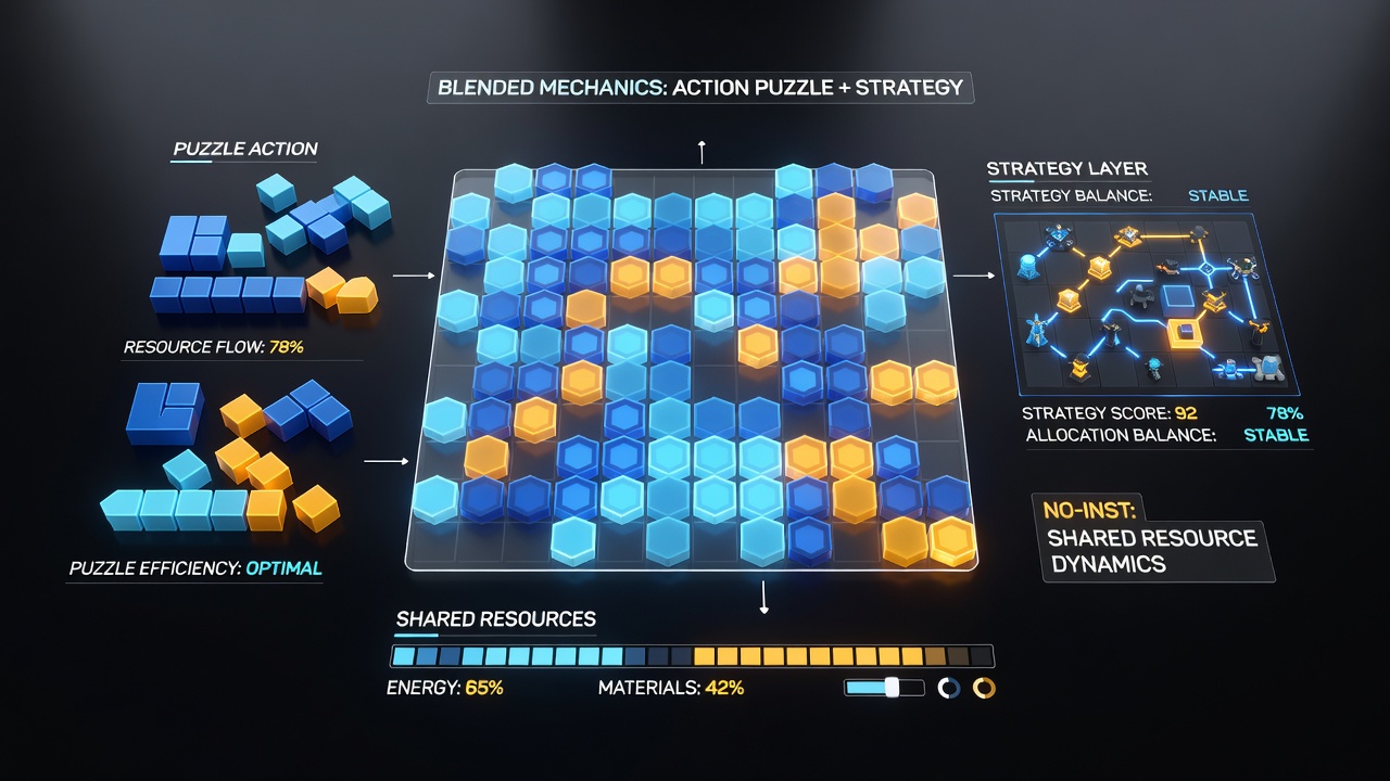 Browser interface displaying shared resource meters alongside puzzle grids and strategic planning overlays during a multiplayer session for young users