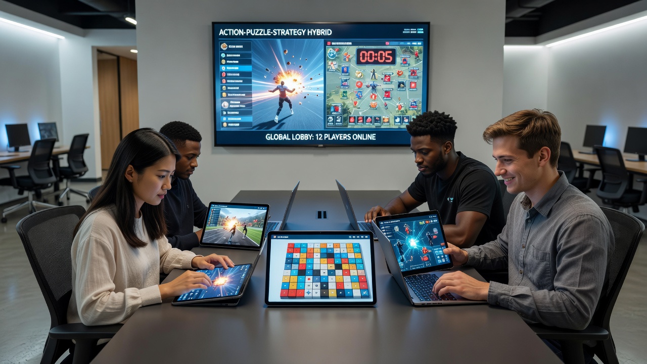 Young players collaborating in a browser-based multiplayer game mixing action sequences with puzzle elements