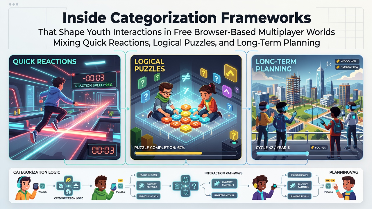 Browser-based multiplayer game interface showing categorized sections for reaction challenges, puzzle grids, and strategy planning boards used by young players