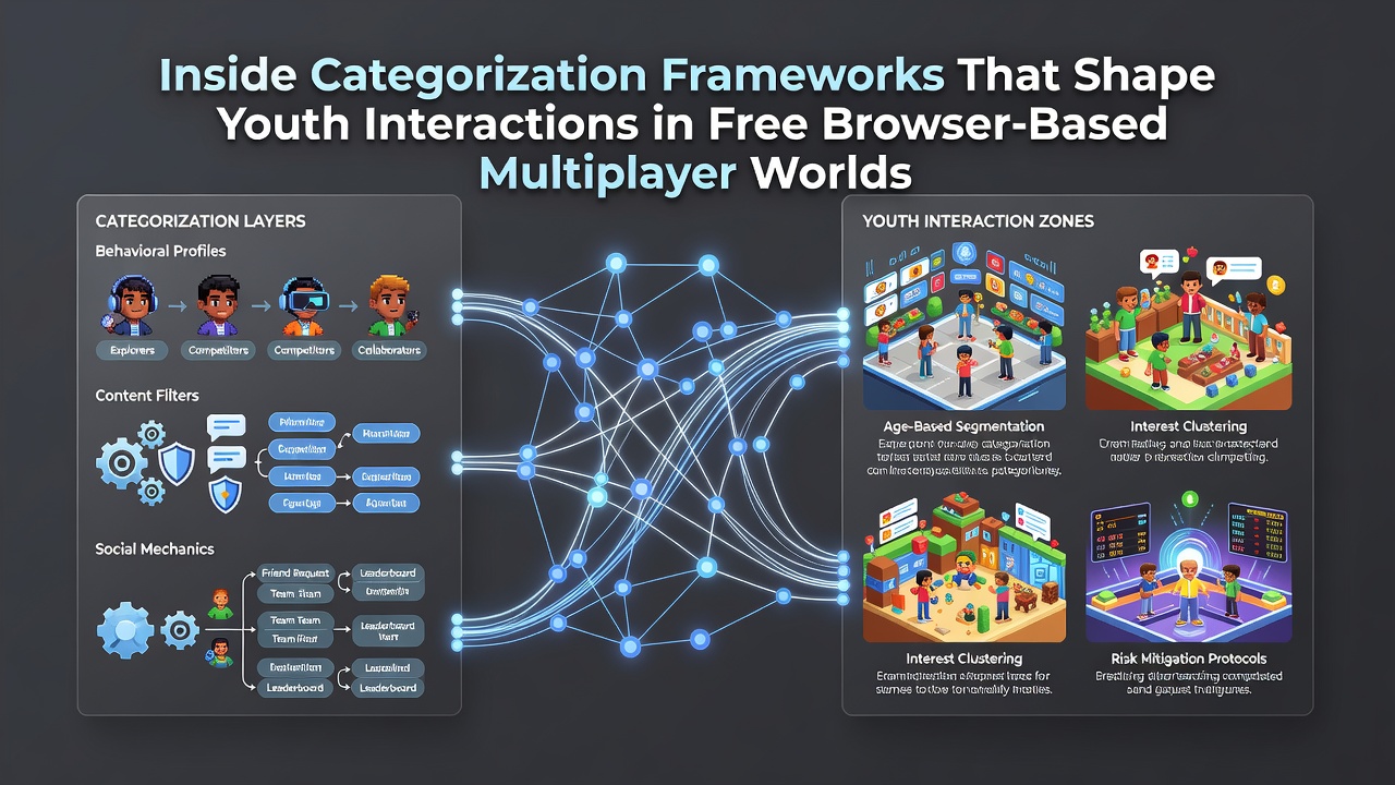 Group of young players collaborating on a browser multiplayer session with categorized game elements visible on screen