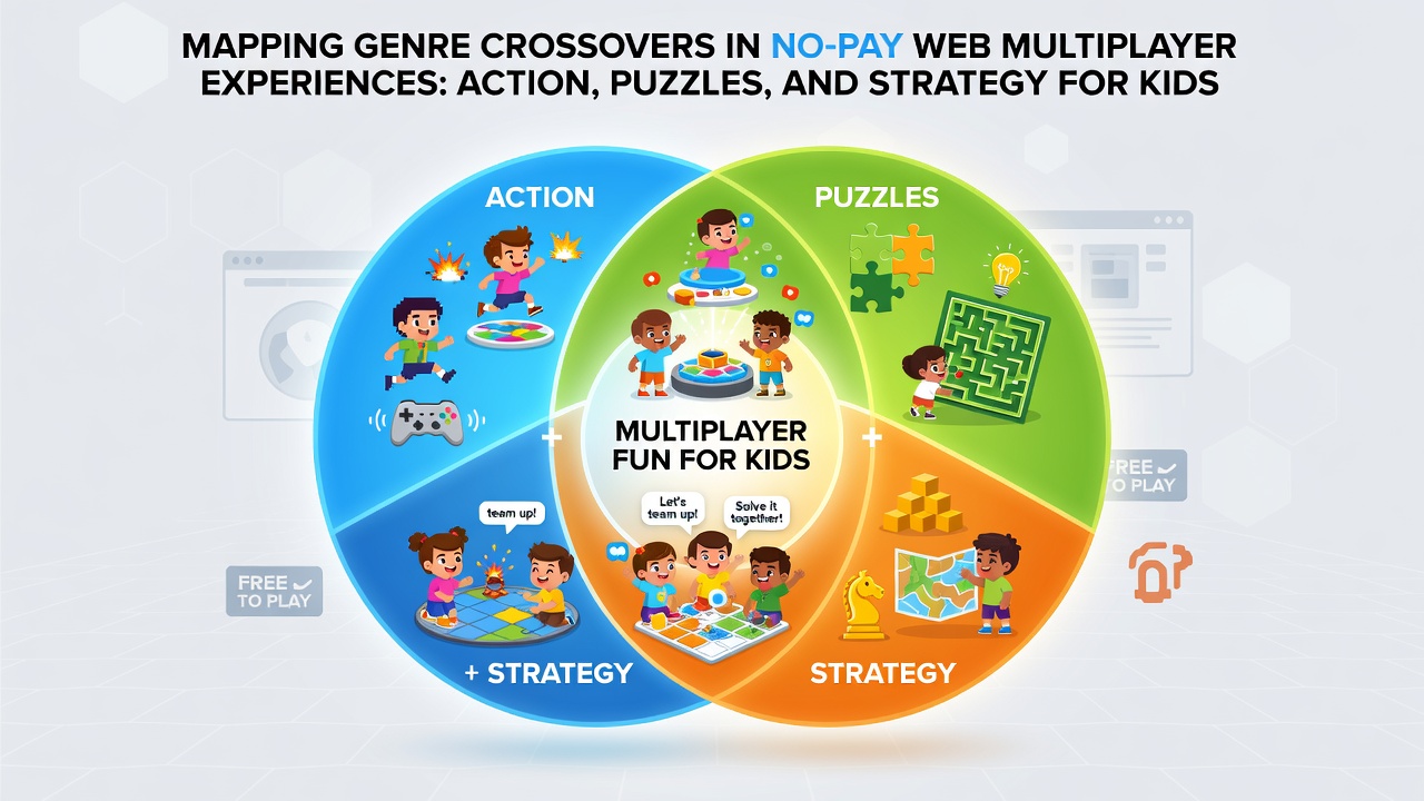 Visual representation of blended action, puzzle, and strategy elements in free browser-based multiplayer games for children