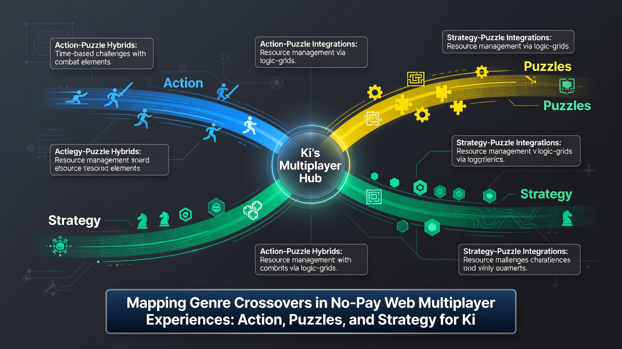 Diagram showing how action, puzzle, and strategy mechanics interconnect in no-pay web games