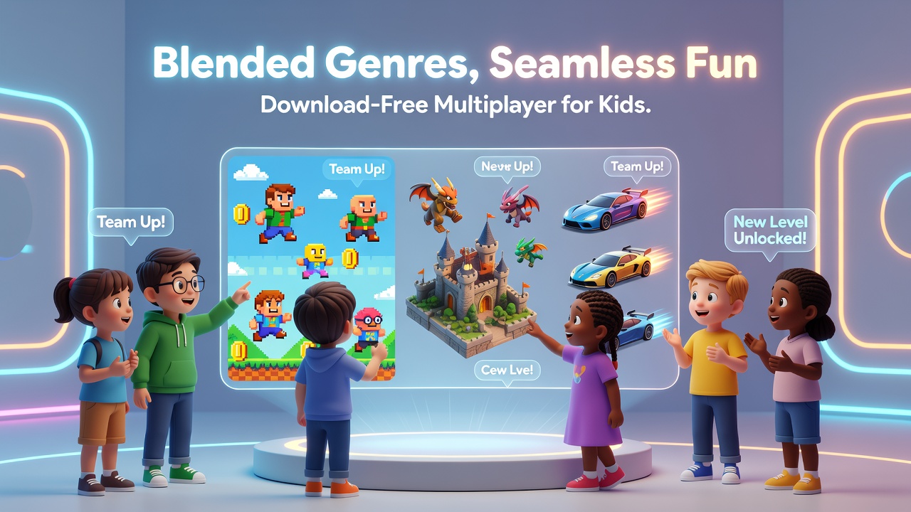 Children collaborating in a browser-based multiplayer game blending puzzle and strategy elements on a shared screen
