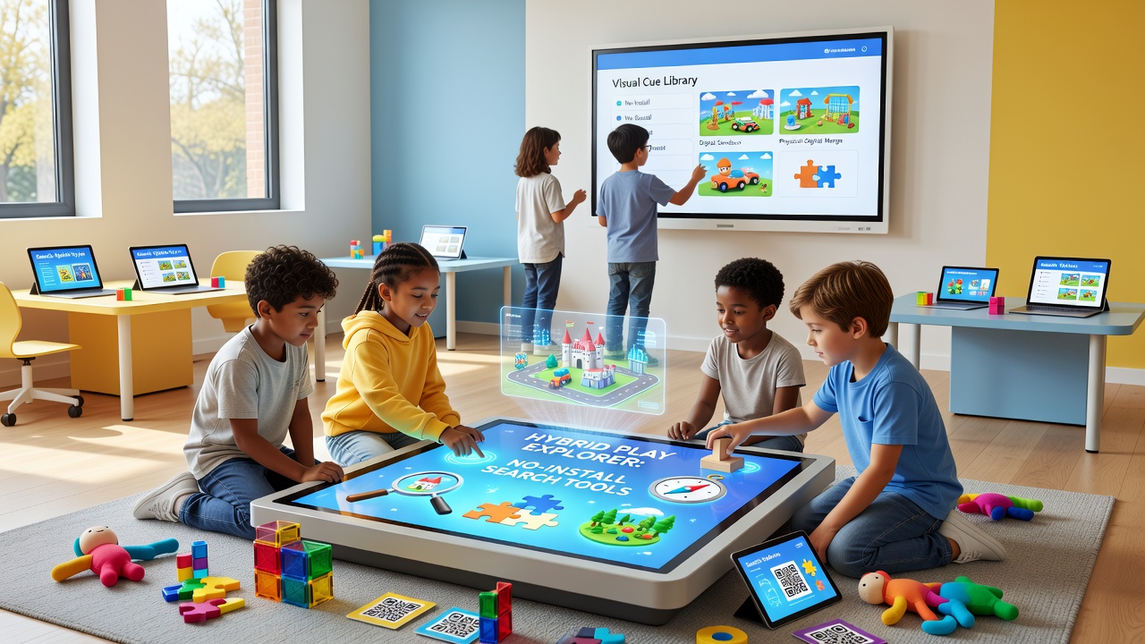 Children using search filters and visual tags to locate mixed-genre browser games during shared sessions