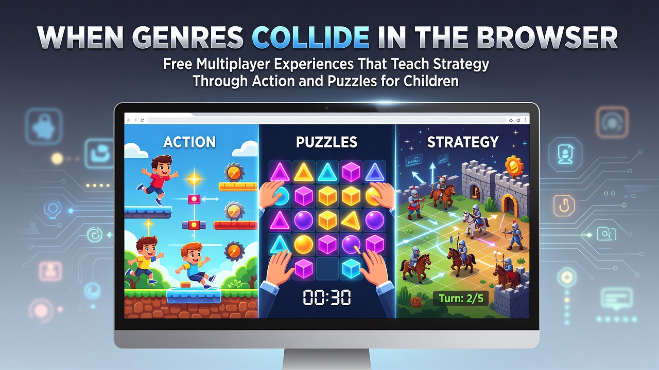 Children collaborating on a browser-based multiplayer game that blends action sequences with strategic puzzle solving on a shared screen
