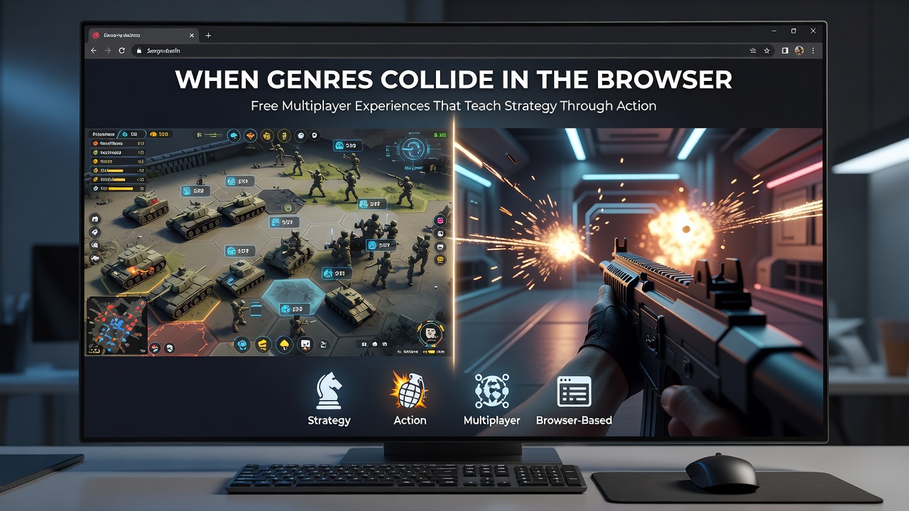 Group of children solving a strategic puzzle within an action-oriented browser game session displayed on multiple screens