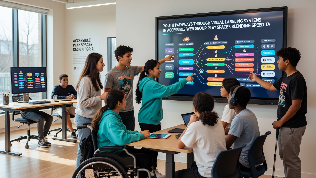 Children using color-coded visual labels to navigate a browser multiplayer session combining speed, grid, and planning elements